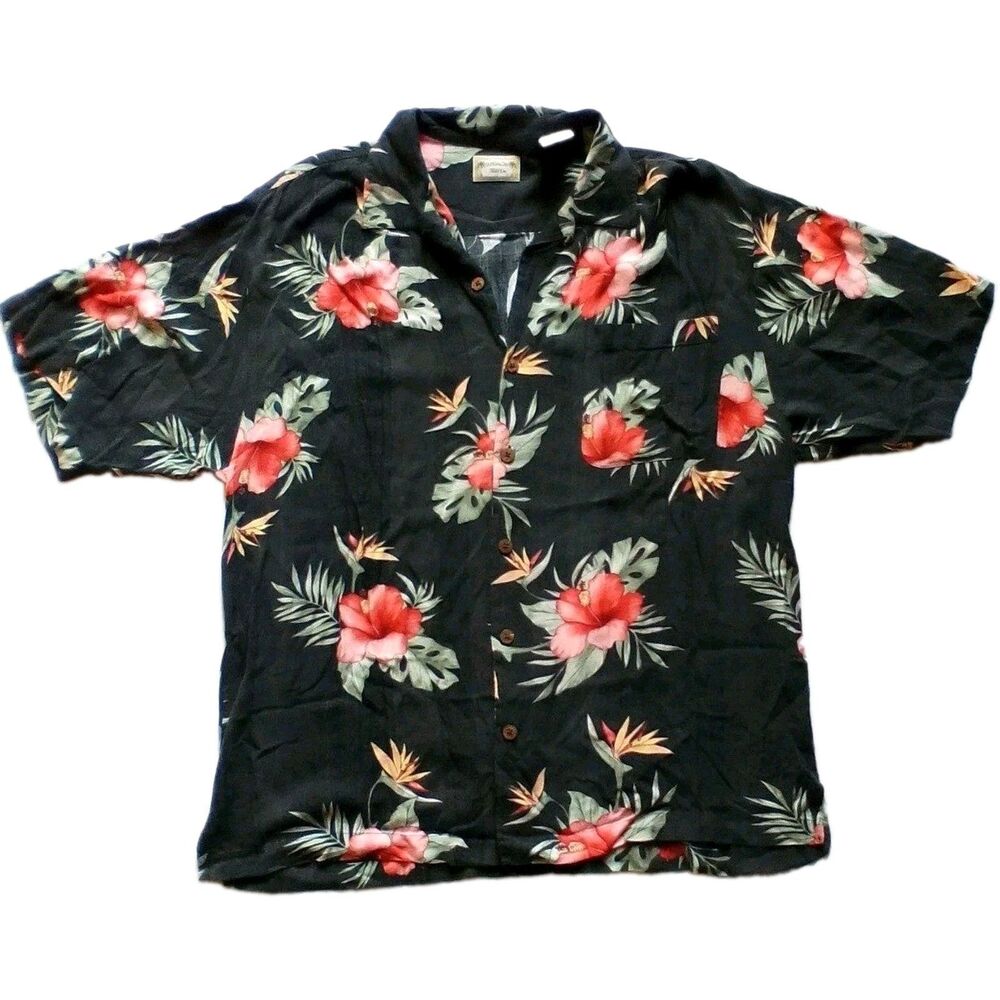 Bungalow Brand Mens Hawaiian Shirt Large L Rayon Black Red Hibiscus Floral Short
